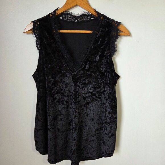 EUC V NECK LACED VELVET BLACK TANK TOP SIZE M - Picture 1 of 14